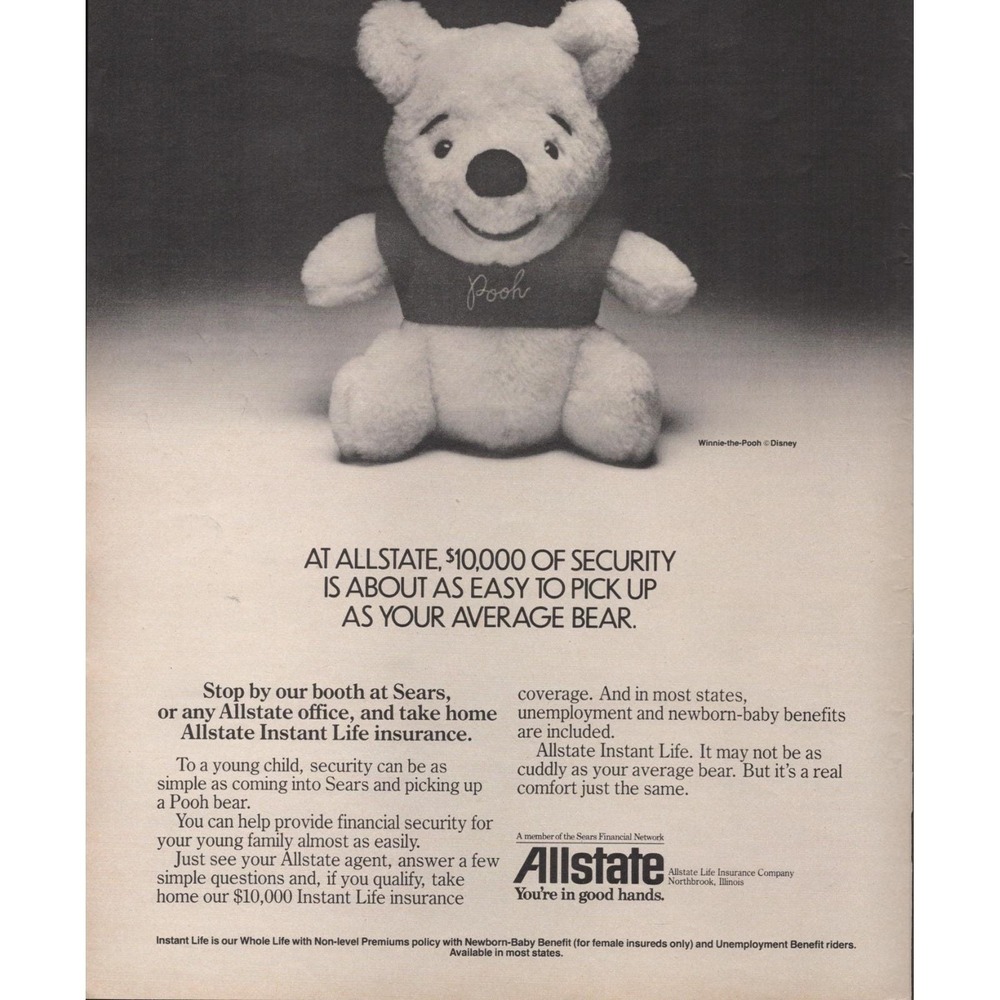 Allstate Insurance Winnie the Pooh Disney Instant Life Security Print Ad 1980s